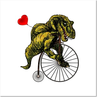 Tyrannosaurus on Penny Farthing with Heart Balloon Posters and Art